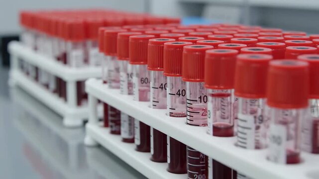 Close-up macro view of red-capped blood sample tubes aligned in parallel on a laboratory bench, crisp detail on measurement markings and transparent fluid levels inside, diffused overhead lighting