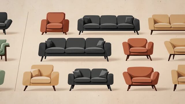 Modern Furniture Icons \'96 Armchair sofa flat illustration, clean top-down composition of minimalist armchair and sofa icons arranged on a soft neutral background, flat vector style with smooth