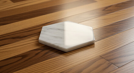 Fototapeta premium Hexagonal White Marble Coaster on Polished Striped Wood Grain Tabletop with Natural Light