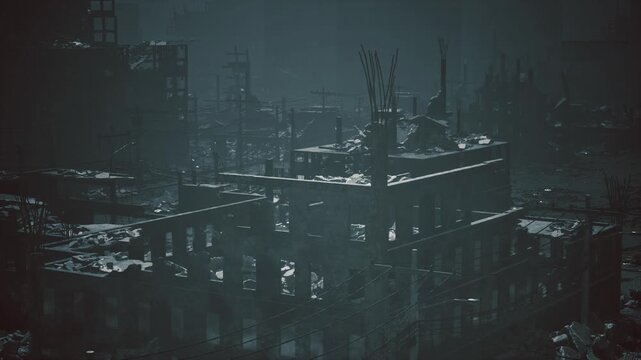 Derelict construction site in fog, skeletal concrete frames and exposed rebar create haunting silhouettes, empty crane arms and scattered debris signal halted