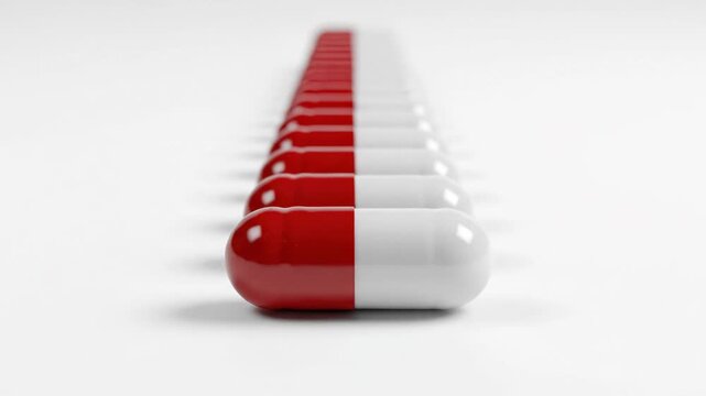 Antibiotic Capsule Detail Concept interpreted in a clean minimalist style, multiple identical red and white capsules aligned in a precise row on a matte white backdrop, sharp focus on the front