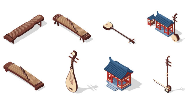 Traditional chinese musical instruments in isometric art style