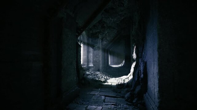 Radiant wreckage corridor displaying faint dust particles. Luminous dilapidated passageway with elongated shadow play and floating light particles