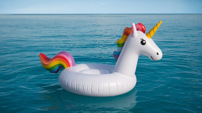 A large white inflatable unicorn float with a colorful rainbow mane and tail drifts peacefully on calm blue water under a bright sky.
