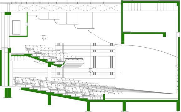 Technical architectural cross-section showing auditorium or theater with tiered seating on two levels, stage area and structural elements highlighted in green.