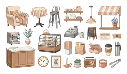 Cozy cafe interior elements and baked goods illustration, watercolor style