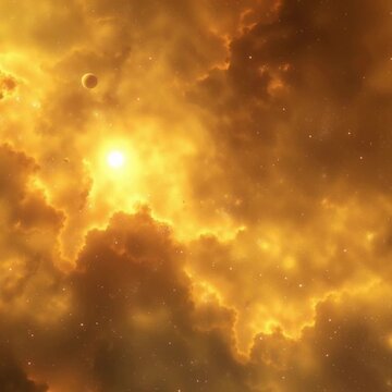 Space view of three planets in a golden atmosphere