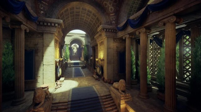 Lush colonnade passage with greenery and sunlight. Verdant plants frame classical columns while dappled light falls on tiled floor and statues scene suggests