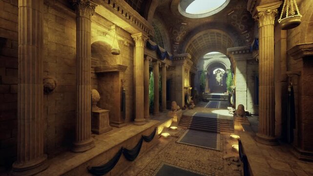 ornate procession aisle under festooned banners, royal route atmosphere with torchlit columns and plush runner, statuary guarding ceremonial approach