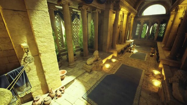 sunlit artifact corner with pottery and woven baskets, niche display of amphora and relics, rustic stone texture, curator cataloguing finds for museum archive