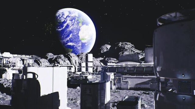 observation plaza with panoramic viewpoint and earth backdrop, viewing decks and safety railings frame futuristic settlement silhouette for visitor experience