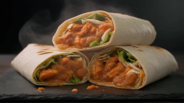 Delicious chicken shawarma wrap with fresh lettuce and sauce in paper foil close-up on dark background