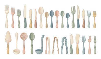 Collection of pastel colored kitchen utensils and cutlery arranged in two rows