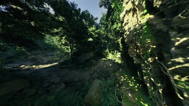 narrow canyon path with layered rock and moss, steep cliffs framing shaded route, scattered boulders and exposed roots, scene evokes fieldwork, geology study,