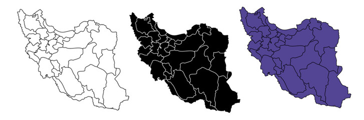 Obraz premium A set of vector maps of Iran with prefecture boundaries in three styles