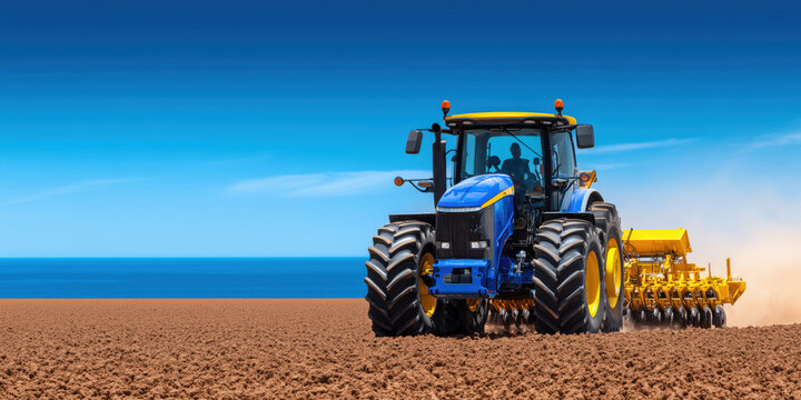 Blue tractor cultivating field near ocean under blue sky