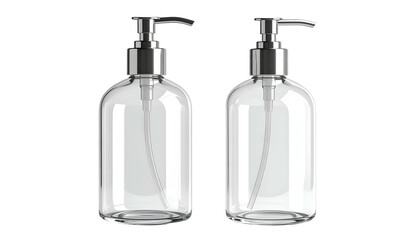 Fototapeta premium Two identical clear glass bottles with silver pump dispensers, on a black background