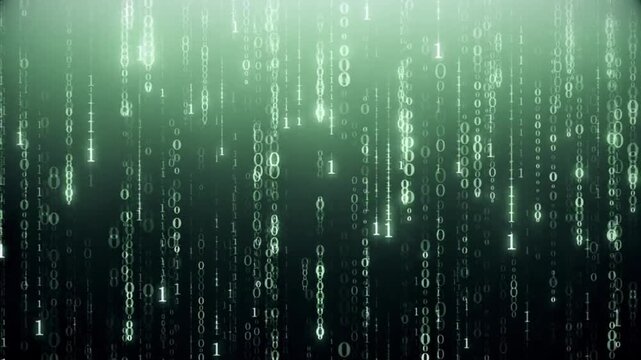 Digital Binary Code Matrix Falling Rain on Green Background, Loop