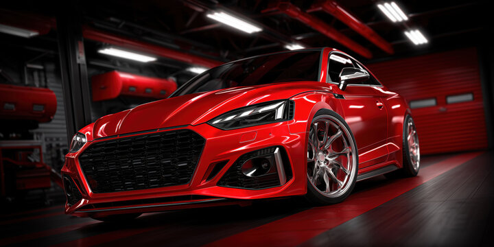 Red audi sports car parked in luxury garage