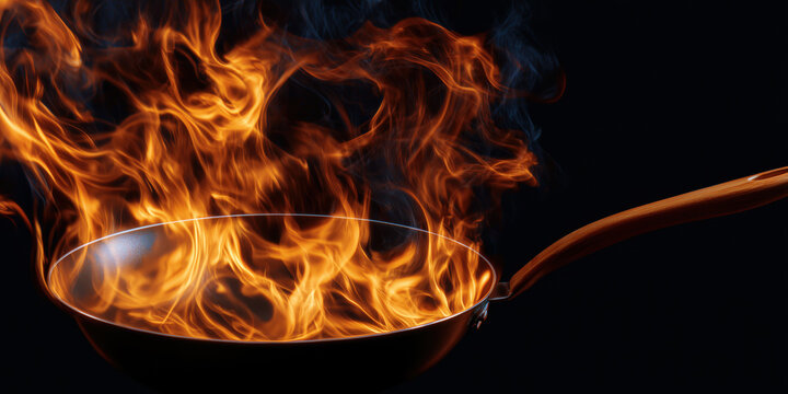 Frying pan releasing intense flames with smoke