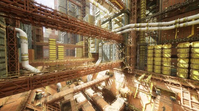sparking metalwork bay with welding arcs, bright sparks illuminating rusted girders and dense pipework automated arms and heavy platforms suggest industrial