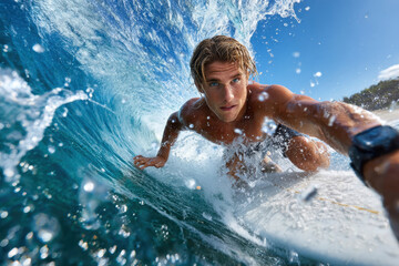 Surfer Riding a Wave POV Selfie