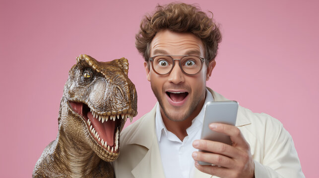 Man and dinosaur amazed by smartphone content
