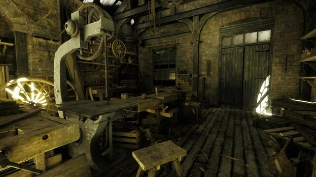 Conservation workshop scene showing preservation tools and bench. Sunlit doorway, careful alignment of lathe and clamps, wooden wheels on racks, neat shavings