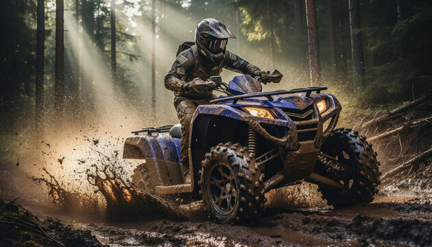 Atv rider splashing through mud in forest