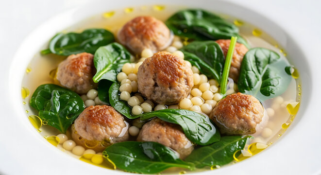 Italian Wedding Soup with Meatballs, Acini di Pepe Pasta, and Fresh Spinach in Clear Broth