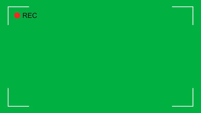 Recording video camera screen with blinking red REC symbol and viewfinder lines, green screen for chromakey compositing. Camera recorder screen overlay digital display on a green screen background.