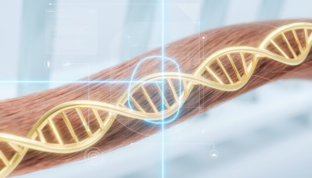 Hair strand with golden dna helix and scientific data