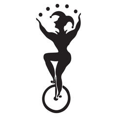 Minimalist Black Silhouette Jester Juggling Unicycle Performance Graphic Icon © Muhammad