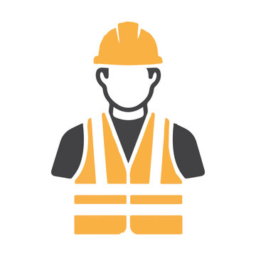Minimalist Flat Vector Icon of Construction Worker in Orange Hardhat and Vest