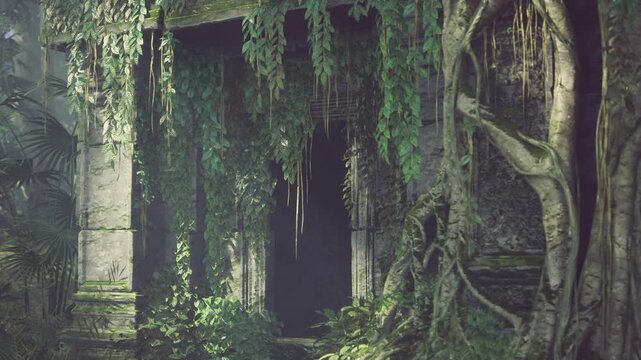 massive roots wrap stone portal revealing shadowed shrine, twisted trunks and tangled vines create dramatic composition, scene suggests ancient ritual site