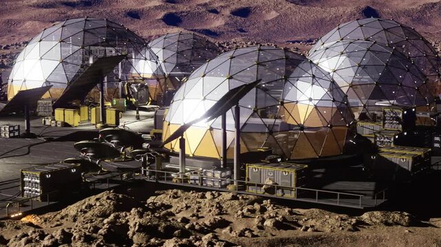 robotic rover inspecting dome junctions at night, floodlights reveal cables and panel seams, diagnostic beams scan structural bolts, automated repair systems