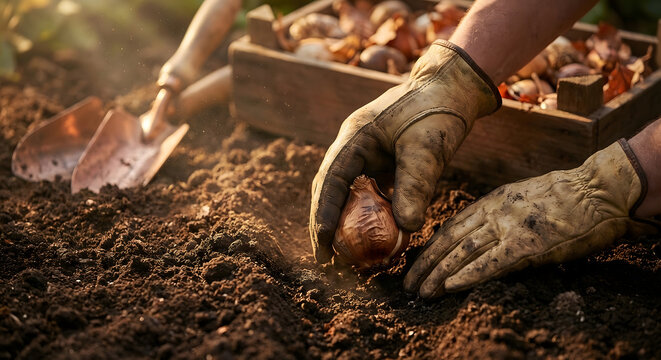Manos de jardinero con guantes plantando bulbos de flores en tierra f&eacute;rtil en el jard&iacute;n al atardecer