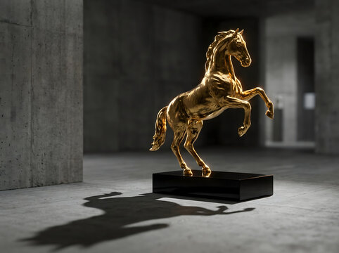 Escultura de caballo dorado encabritado sobre pedestal en una galer&iacute;a de arte moderna con paredes de concreto