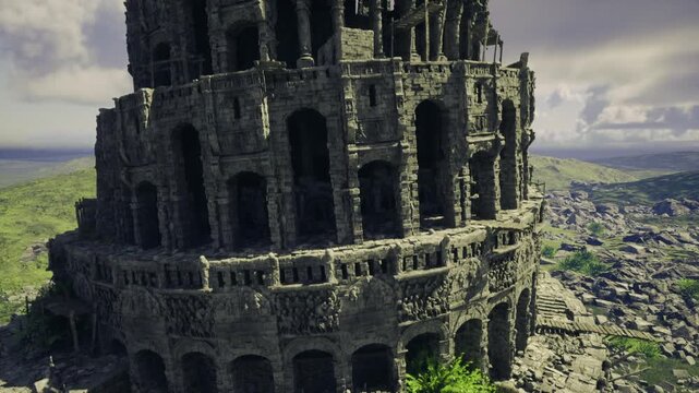 Overgrown stone ziggurat rising above encroaching vegetation, roots and moss reclaiming masonry, mythic silhouette, archaeological intrigue and ecological