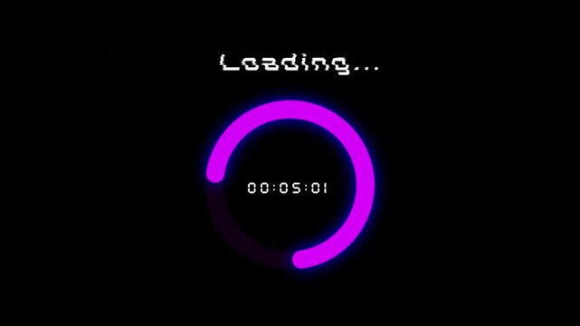 4K footage ProRes 4444 format with alpha channel, Looped animation of glowing glitch circle. Circular loading shape with distortion effect and timer. 
