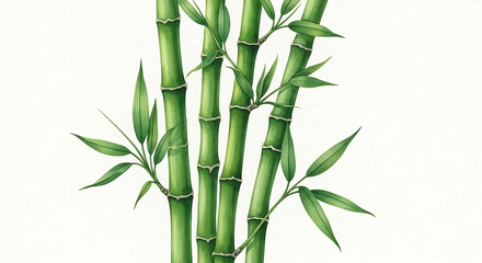 Obraz premium Watercolor Illustration of Green Bamboo Stalks with Leaves Isolated on White Background
