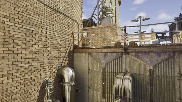 weathered ventilation stacks on brick courtyard with corroded conduit, patched seams and visible stains, conveying neglect, patina and industrial wear