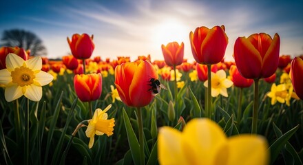 Vibrant tulips and daffodils swaying gently in a lush green field under a bright blue sky with wispy clouds