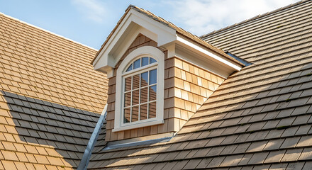 Gabled Dormer Window with Arched Glass on a Cedar Shake Roof with Modern Architectural Siding
