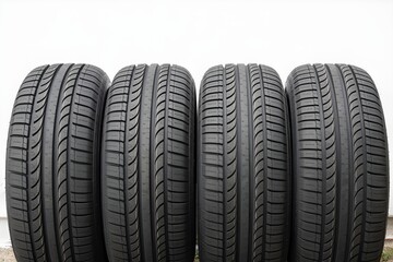Fototapeta premium Four new car tires with distinct tread patterns lined up against a white background, ready for vehicle installation.