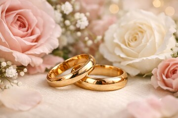 Gold wedding rings with pink and white roses soft romantic bridal background
