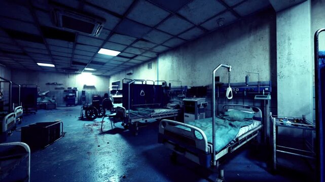 blue lit emergency ward after crisis with empty beds and scattered equipment, deep shadows stretching along corridor, reflective wet floor catching neon glow,
