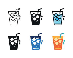 Chilled Drink Icons. Cold refreshment symbol showing a beverage glass with ice cubes, a straw, and condensation droplets to