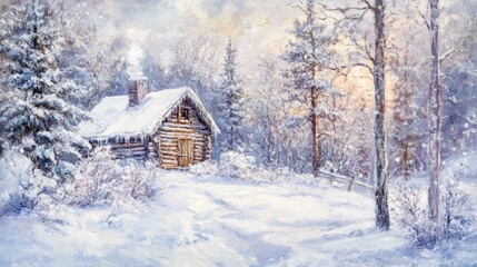 Cozy winter cabin in snowy forest landscape with sunrise glow