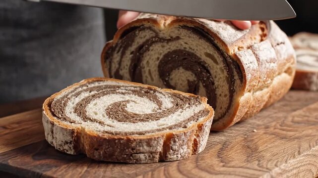 Closeup of a knife slicing a loaf of homemade swirled bread with chocolate and vanilla dough on a wooden cutting board showcasing the intricate pattern.